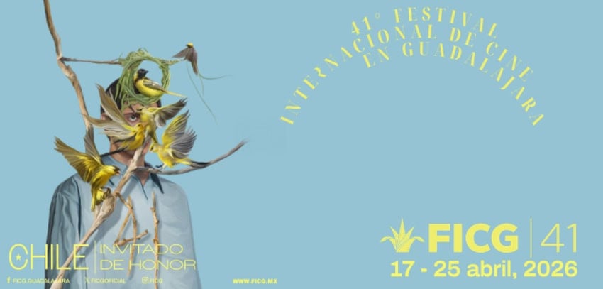 Poster for the 41st edition of the Guadalajara International Film Festival (FICG), happening April 17-25, 2026. The art on the poster shows an illustration of a young man with brown eyes, wearing a white shirt, standing in front of a tree branch that has several yellow bellied birds on it. They are obscuring most of his face.