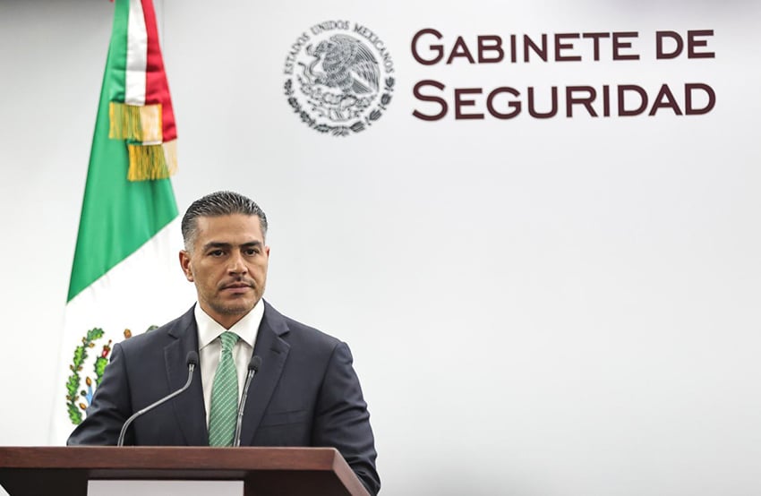 Security Minister Omar García Harfuch at a Security Cabinet podium 