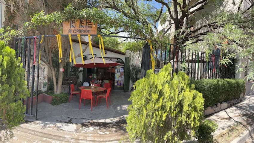 An outdoor restaurant surrounded by trees and shrubs