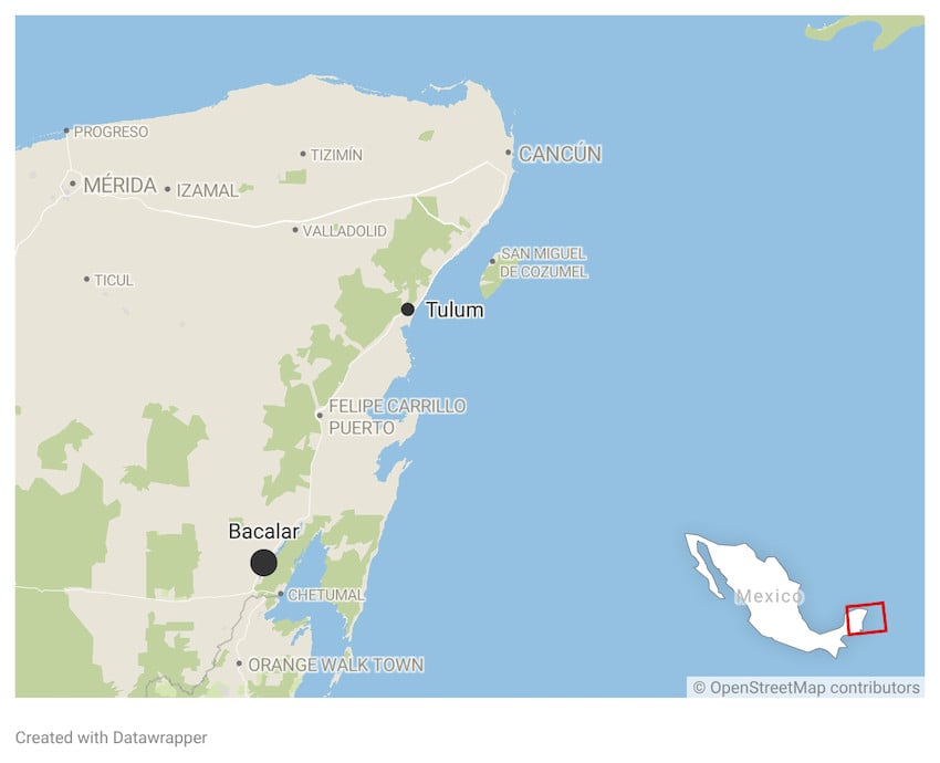 Map of Quintana Roo, highlighting Bacalar