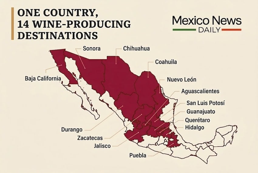 A map of Mexico's wine producing regions
