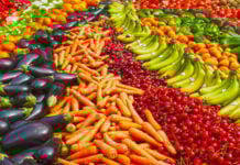 A vibrant display of fresh Mexican market produce featuring diagonal rows of dark purple eggplants, bright orange carrots, deep red cherries, and green bananas.
