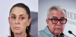 Two photos: Mexican President Claudia Sheinbaum and Sinaloa Gov. Rocha Moya