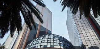 The shiny dome of the Mexican Stock Exchange (BMV) on Paseo de la Reforma in Mexico City.