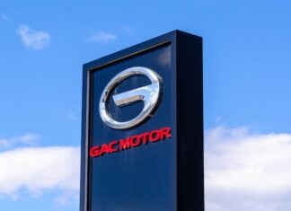 Samara, Russia - April 16, 2024: Stela with Gac Motor logo against a sky background. Gac Motor is a Chinese automobile manufacturer
