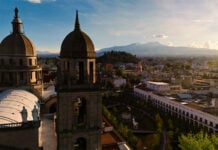 The Toluca cathedral with mountains in the background