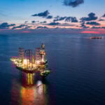 An oil drilling platform in the Gulf of Mexico