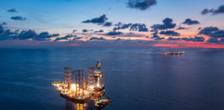 An oil drilling platform in the Gulf of Mexico