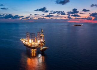An oil drilling platform in the Gulf of Mexico