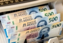Mexican 500-peso bills in a bill counting machine