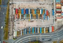 Aerial view of trucks preparing to carry cargo