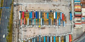 Aerial view of trucks preparing to carry cargo