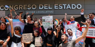 Activists with signs, trans flags and rainbows celebrate the passage of Querétaro's Gender Identity Law in late April.