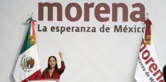 Ariadna Montiel during her first speech as president of Morena