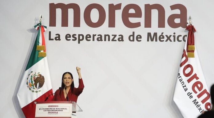 Ariadna Montiel during her first speech as president of Morena