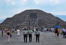 National Guard members patrol near the Pyramid of the Moon in Teotihuacán near Mexico City