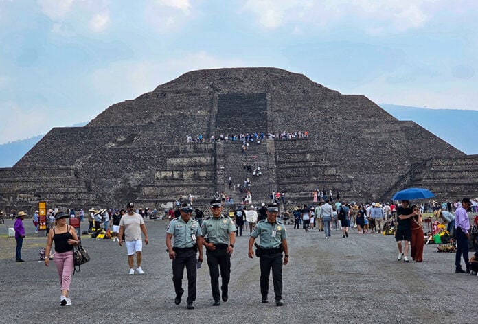 National Guard members patrol near the Pyramid of the Moon in Teotihuacán near Mexico City
