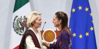 President Claudia Sheinbaum with Ursula von der Leyen, President of the European Commission, following the signing of the Modernized Global Agreement in Mexico City on May 22.