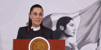 President Claudia Sheinbaum at her May 26 press conference, or mañanera
