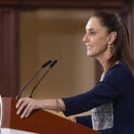 President Sheinbaum at her morning press conference podium