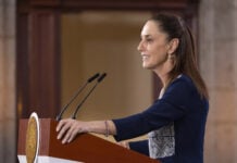 President Sheinbaum at her morning press conference podium