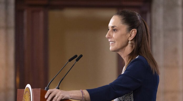 President Sheinbaum at her morning press conference podium