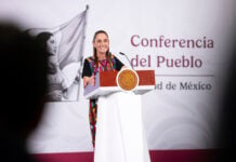 Sheinbaum at the podium on May 20, 2026
