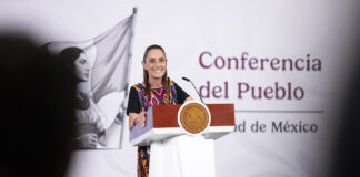 Sheinbaum at the podium on May 20, 2026