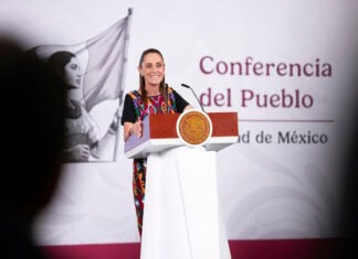 Sheinbaum at the podium on May 20, 2026