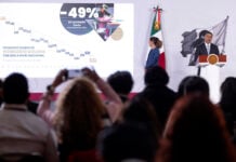 Security Minister Omar García Harfuch presenting at President Sheinbaum's morning press conference