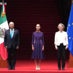 President Sheinbaum appears with European Commission President Ursula von der Leyen and European Council President António Costa at the National Palace