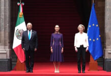 President Sheinbaum appears with European Commission President Ursula von der Leyen and European Council President António Costa at the National Palace
