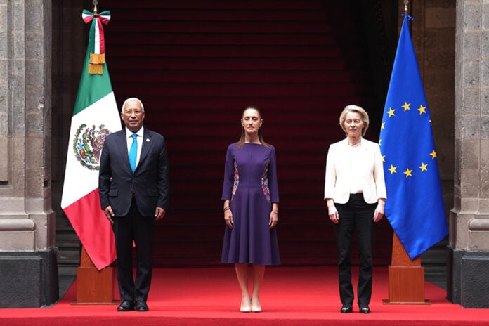 President Sheinbaum appears with European Commission President Ursula von der Leyen and European Council President António Costa at the National Palace