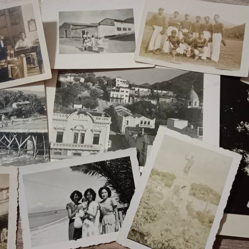A photo of several candid amateur photos in black and white of people and events in Puerto Vallarta, Mexico, history, laid out collage-style.
