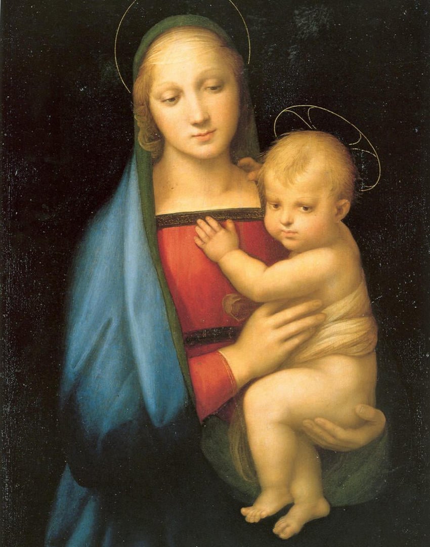 An image of Raphael's Madonna del Granduca, featuring the Virgin Mary, dressed in a Renaissance-period dress and robe, holding an infant Jesus in her arms against a black background.