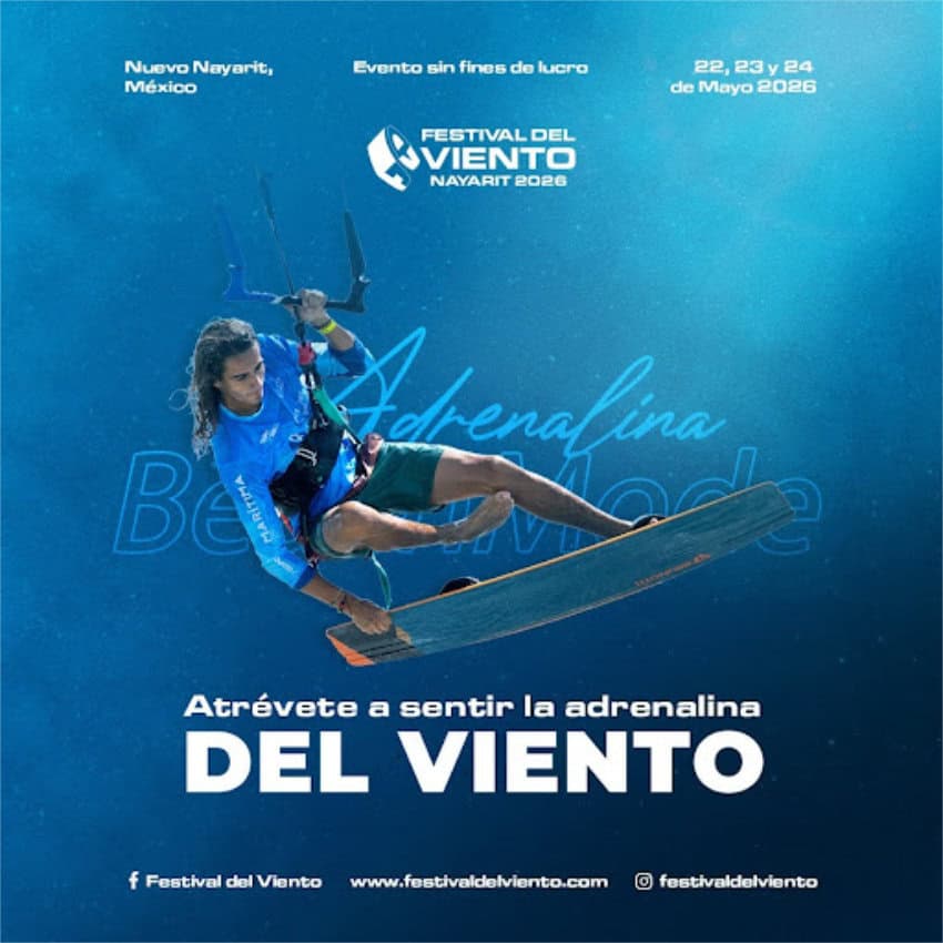 Festival de Viento 2026 poster showing a kitesurfer in mid-air during a jump. The background is in ocean blue and the text with event details is in Spanish.