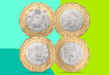Two gold and silver World Cup themed Mexican coins, shown front and back