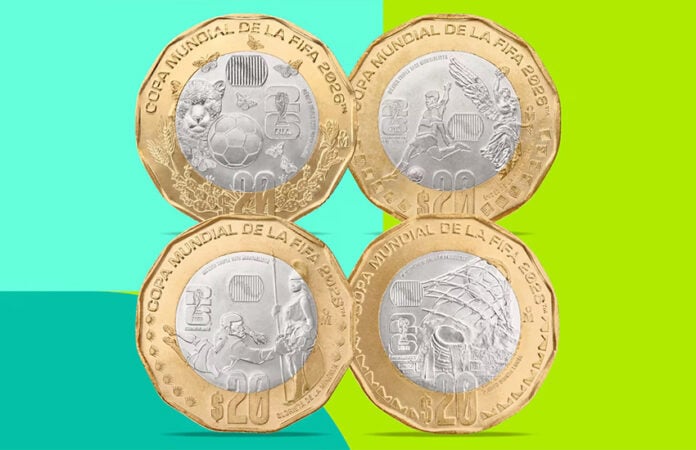 Two gold and silver World Cup themed Mexican coins, shown front and back