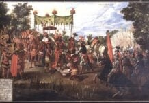 Hernán Cortés arriving in Tenochtitlán.