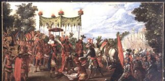 Hernán Cortés arriving in Tenochtitlán.