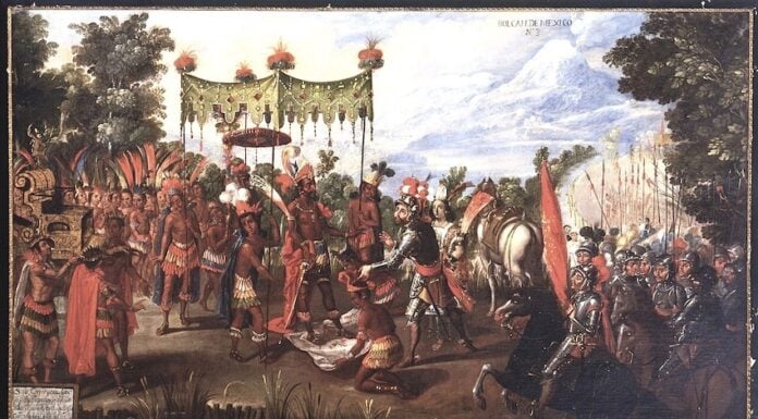 Hernán Cortés arriving in Tenochtitlán.