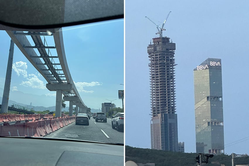 A under-construction skyscraper and a partially built light rail in Monterrey, Nuevo León