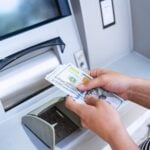 Atm money cash machine. Woman withdraw money bill. Holding american hundred dollar cash. Bank credit card, us dollar