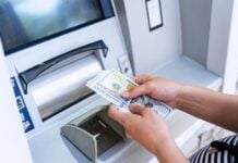 Atm money cash machine. Woman withdraw money bill. Holding american hundred dollar cash. Bank credit card, us dollar