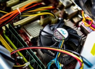 The inside of a computer featuring an Intel processor