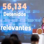 Sheinbaum stands before a graphic touting 56,134 arrests for high-impact crimes since she took office