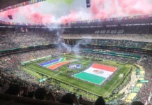 The Mexico and South Africa flags are unveiled amid smoke and fireworks ahead of the opening match of the 2026 FIFA World CUp