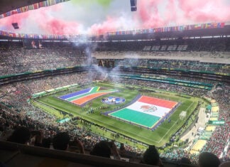 The Mexico and South Africa flags are unveiled amid smoke and fireworks ahead of the opening match of the 2026 FIFA World CUp