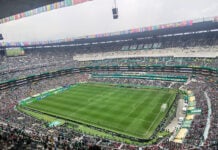 Mexico vs South Africa World Cup game: A view of the field and Mexico City Stadium shows players on the field