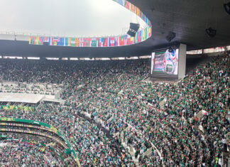 A jumbo screen in Mexico City Stadium shows a cartoon goal after Mexico's second goal against South Africa